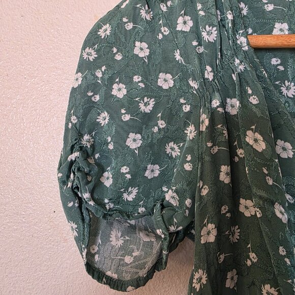 Free People Bond Street Mini Dress Green Floral Ruched Puff Sleeve Size 4 - Picture 11 of 16